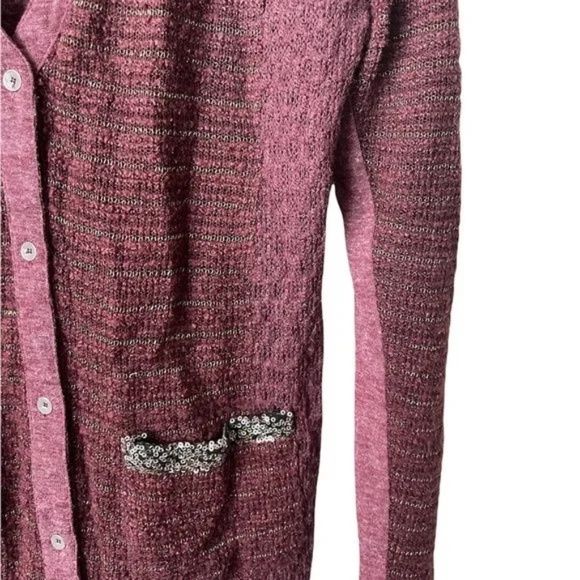 Miss Me Light Weight Button Up Cardigan Boucle Sequin Maroon SMALL - Picture 7 of 8